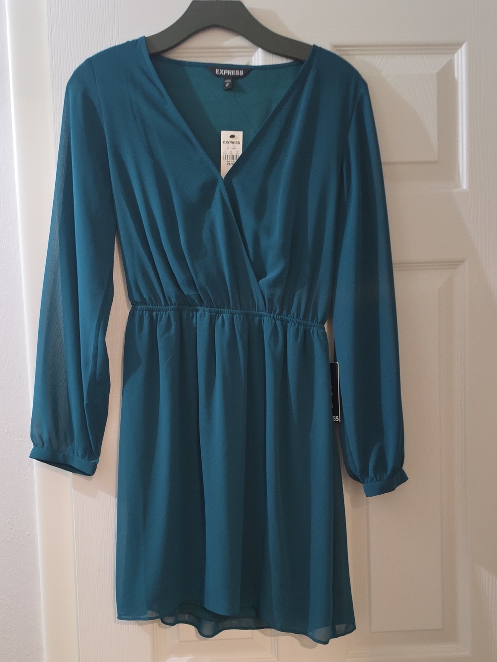 Express Teal V-Neck Long-Sleeve Faux-Wrap Dress